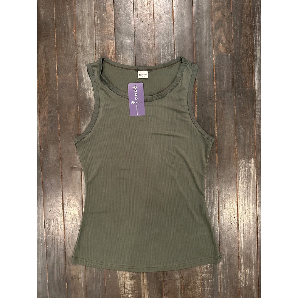 Misiti Womens Ribbed Tank Top Olive Green Crew Neck Sleeveless Size L NWT